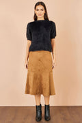 Brown Faux Suede Midi Skirt