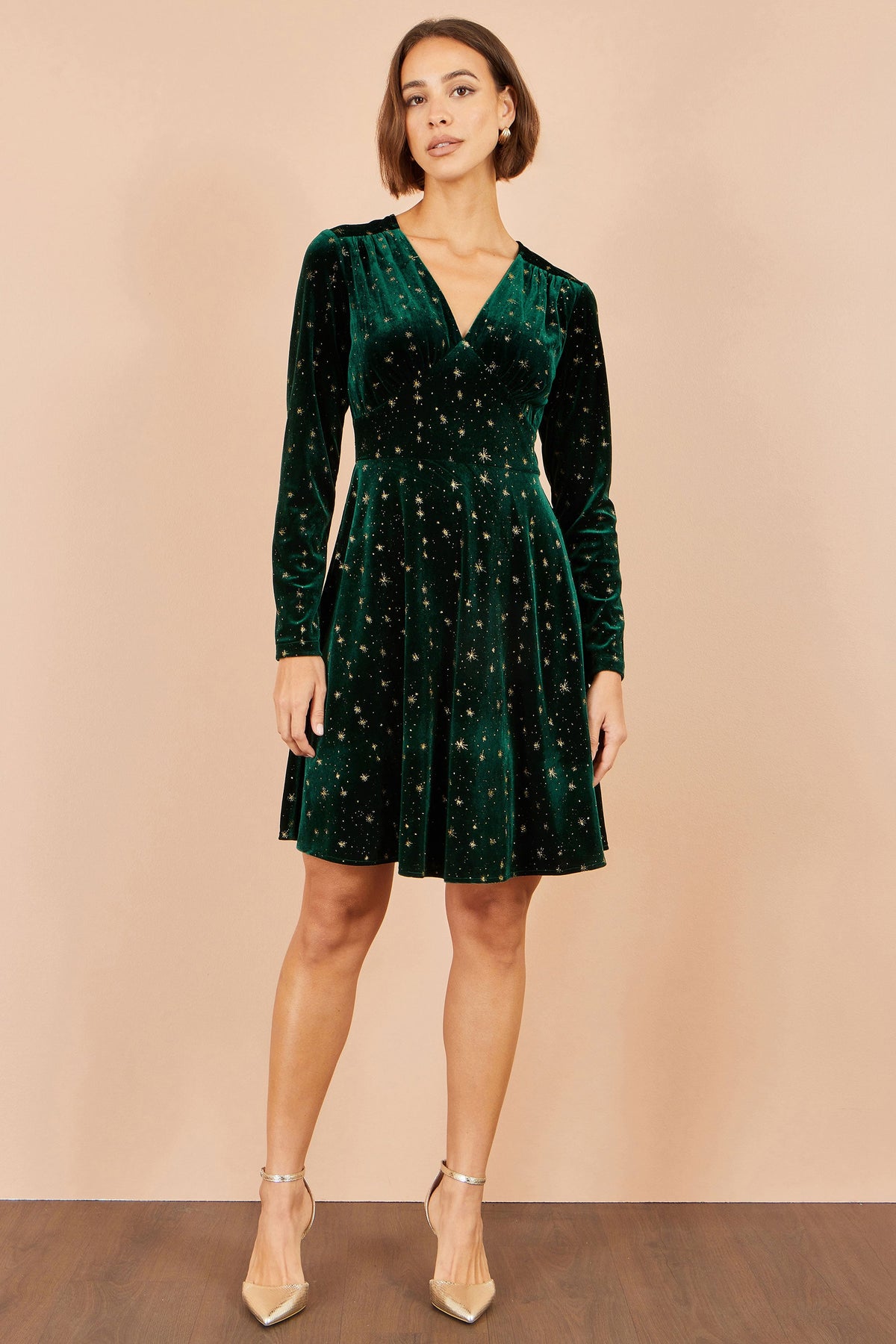 Yumi Green Velvet Skater Dress With Foil Star Print