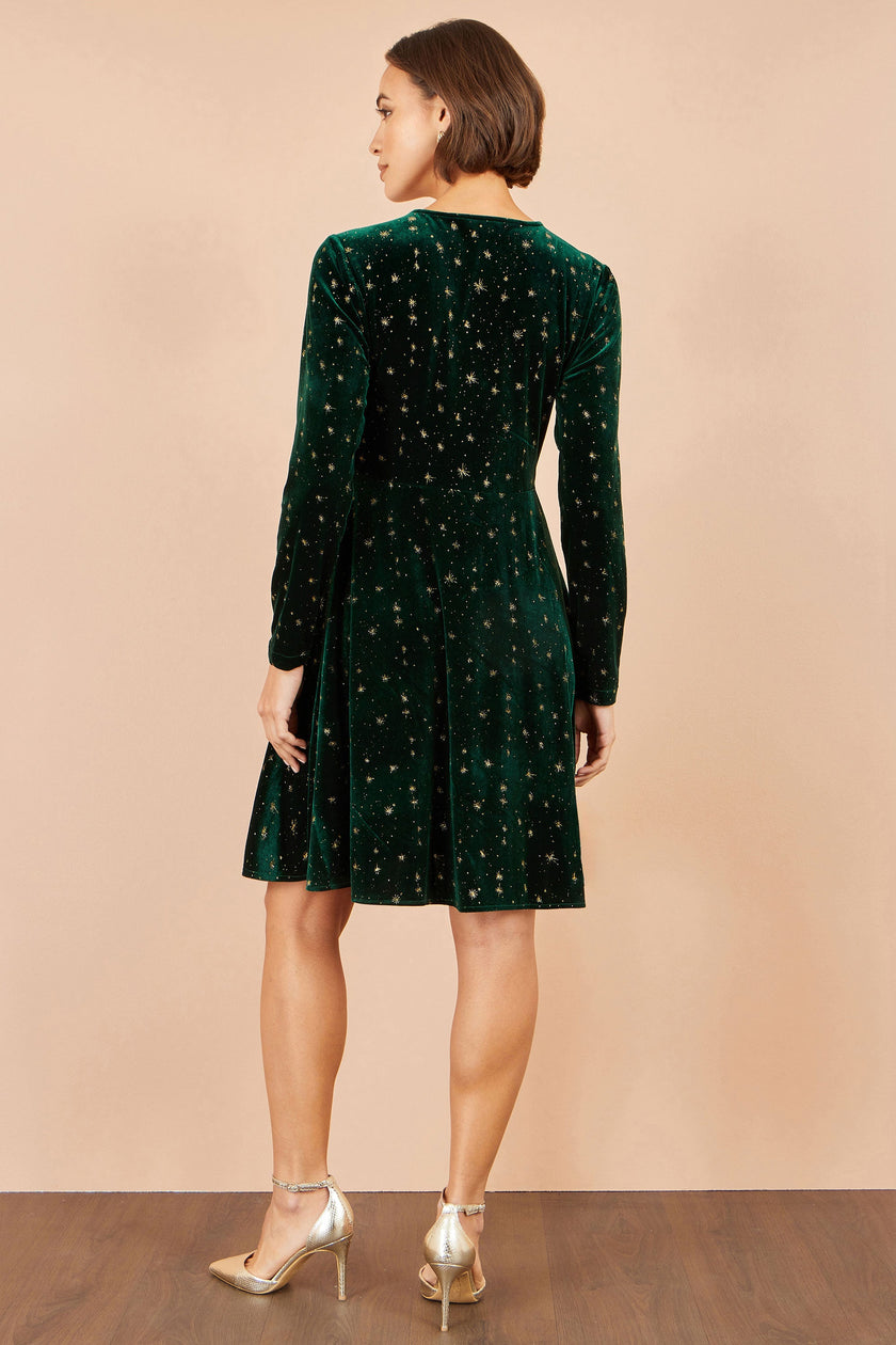 Yumi Green Velvet Skater Dress With Foil Star Print