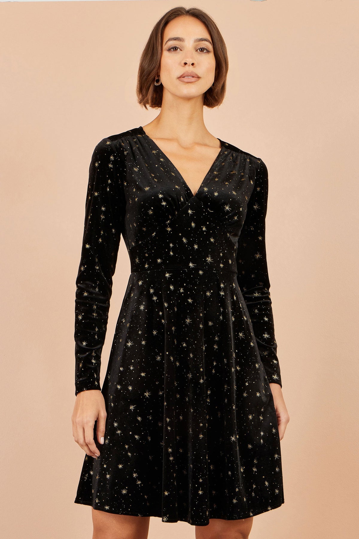Yumi Black Velvet Skater Dress With Foil Star Print