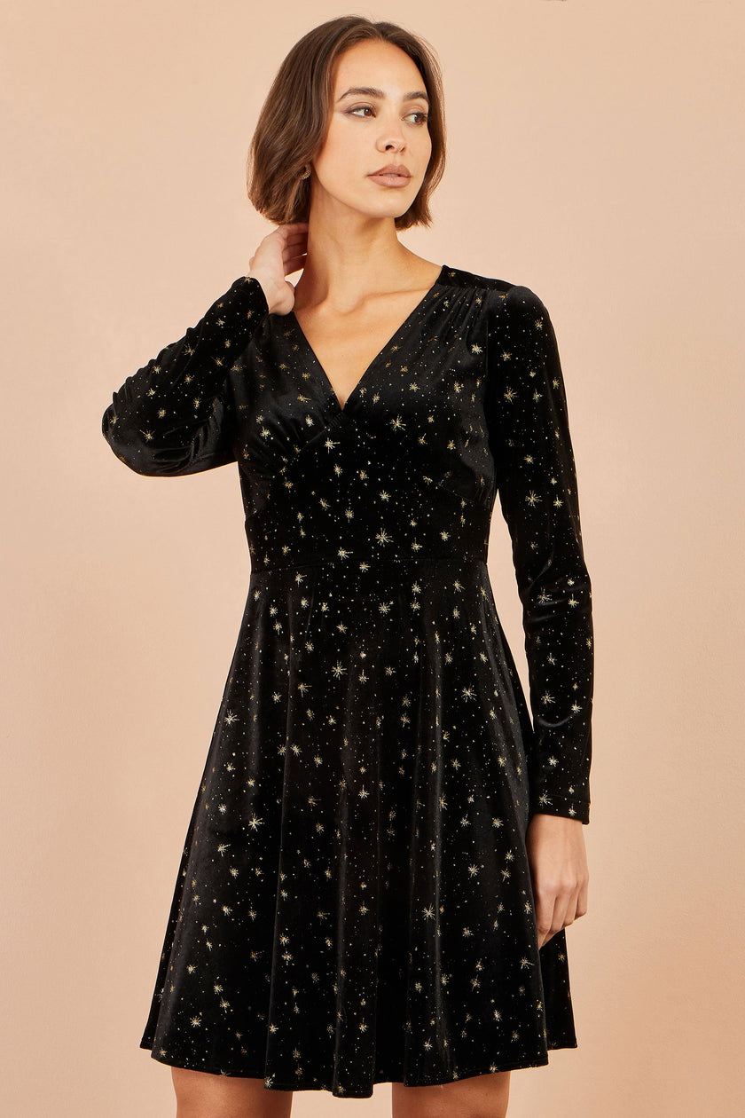 Yumi Black Velvet Skater Dress With Foil Star Print