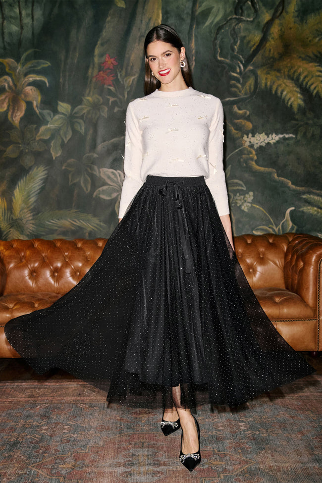 Yumi Black Diamonte Tulle Midi Skirt