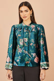 Yumi Green Floral Velvet Blouse With Tie Neckline