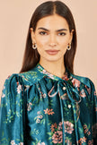 Yumi Green Floral Velvet Blouse With Tie Neckline