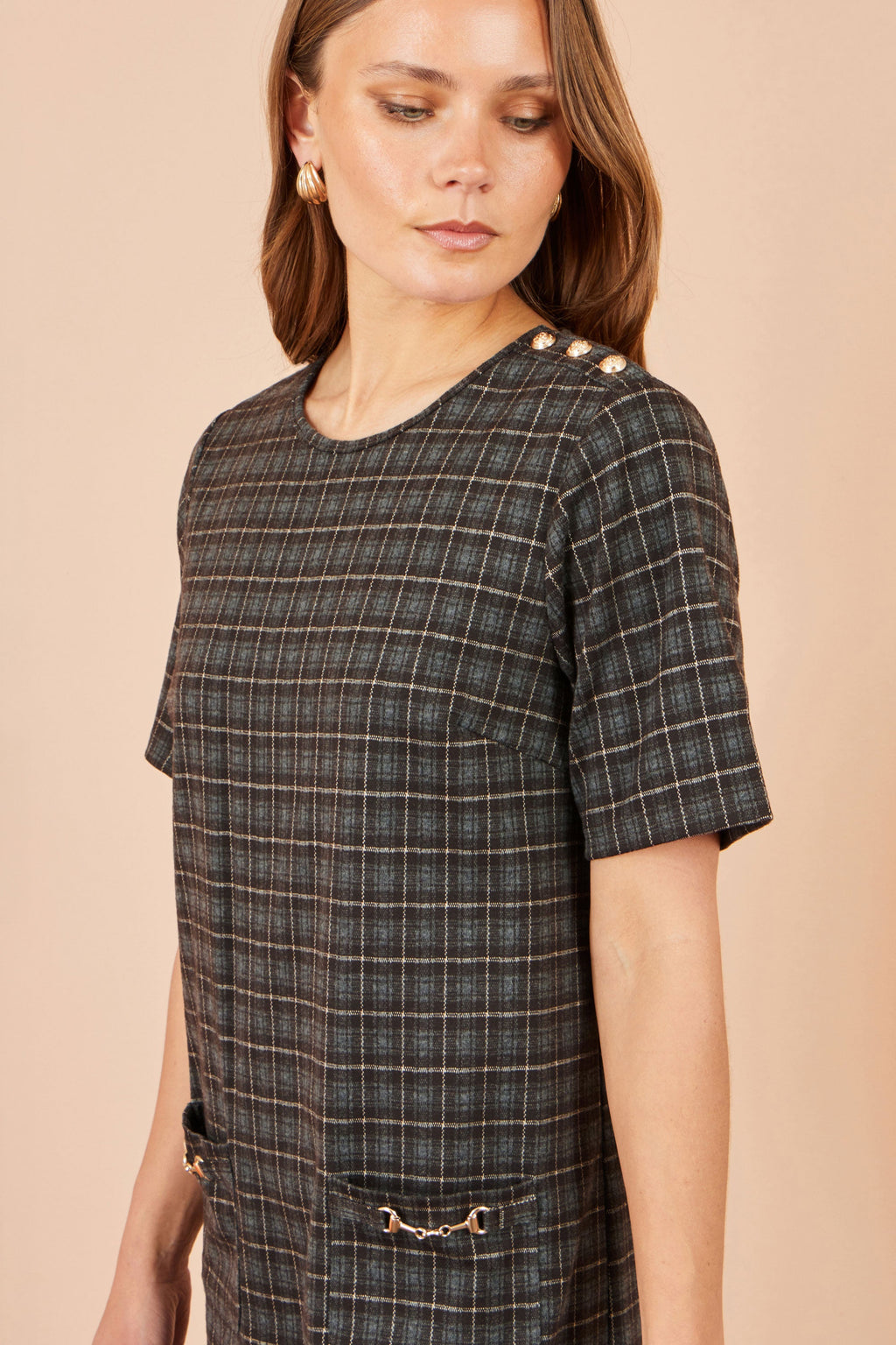 Yumi Brown Check Tunic With Buckles