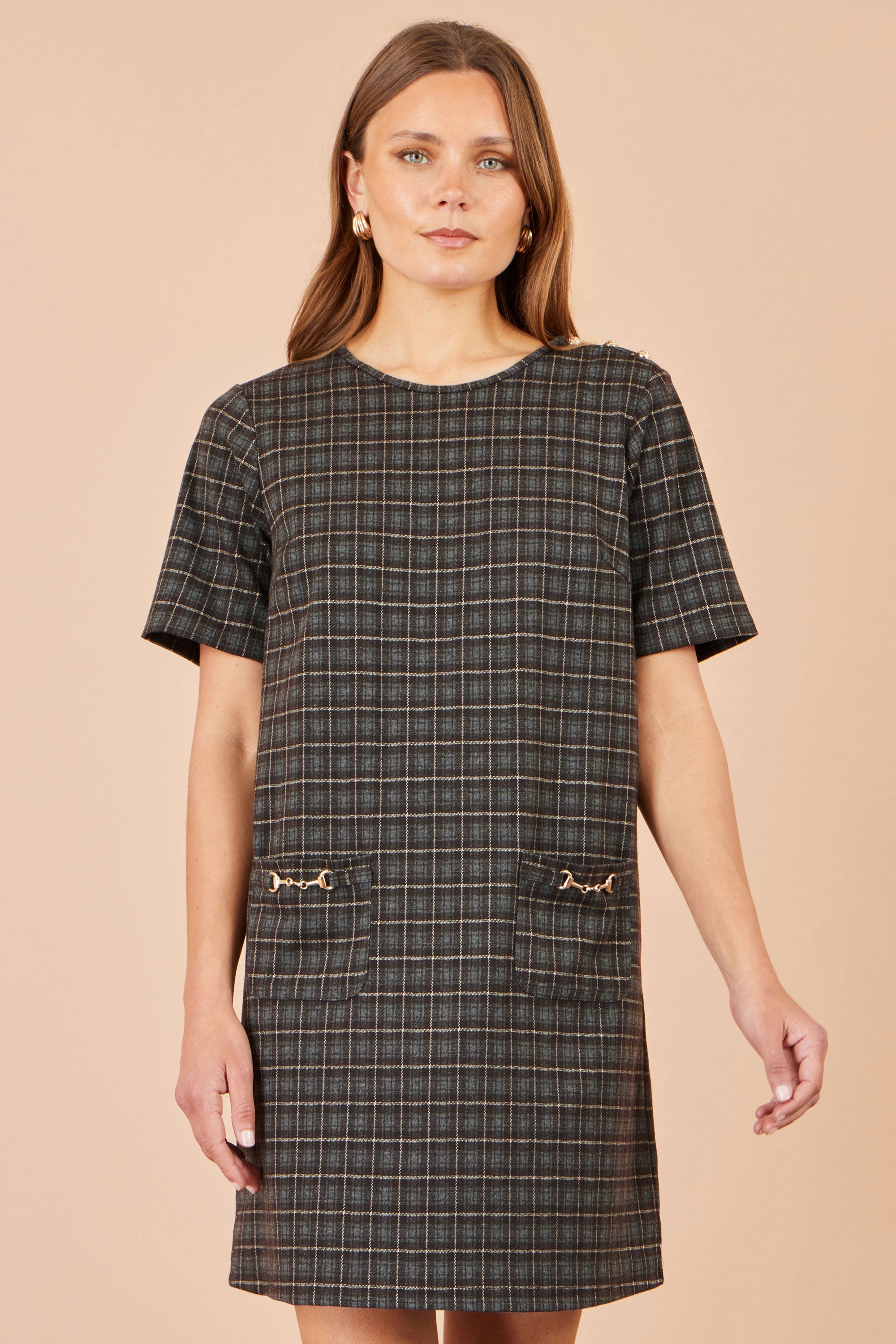 Yumi Brown Check Tunic With Buckles