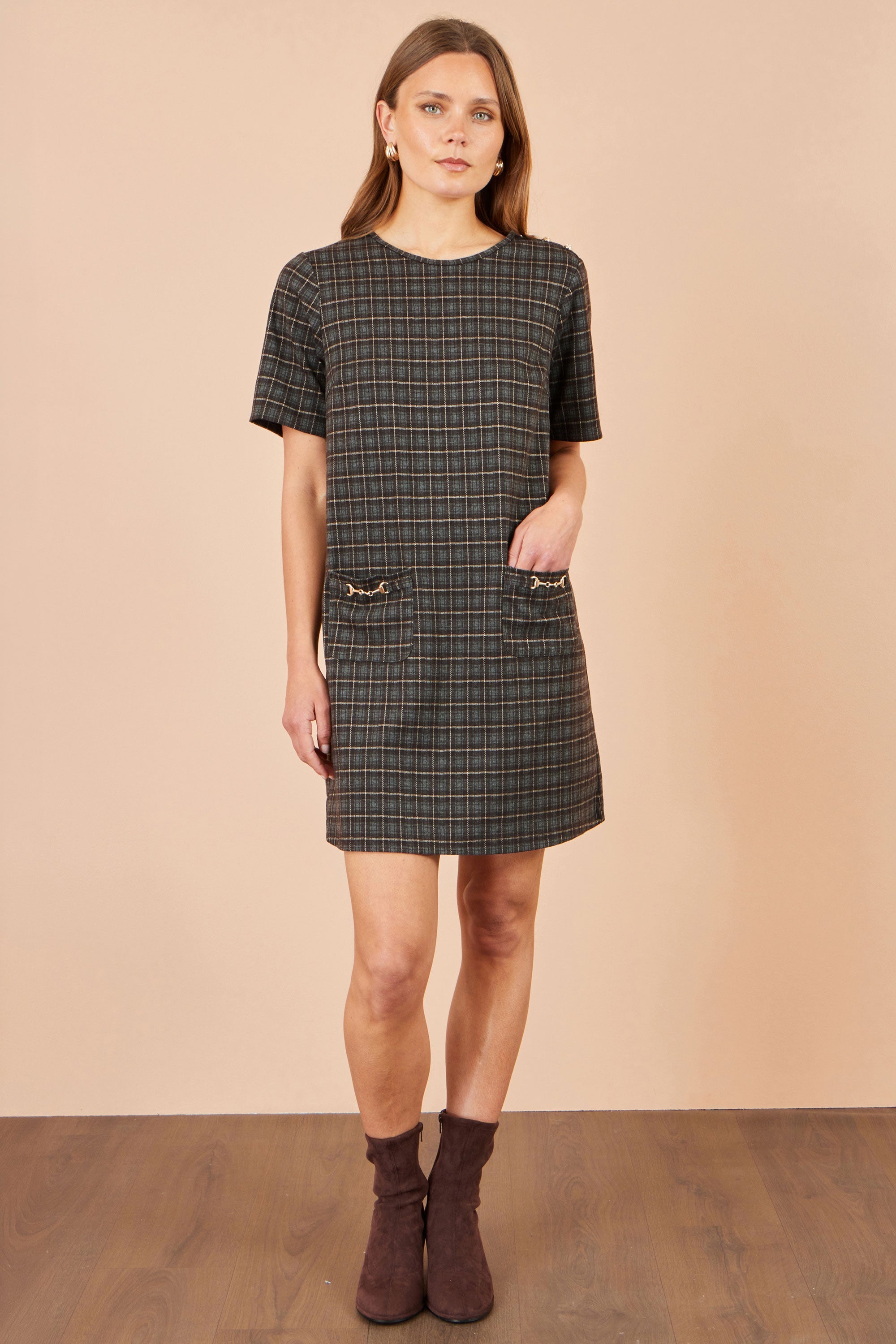 Yumi Brown Check Tunic With Buckles