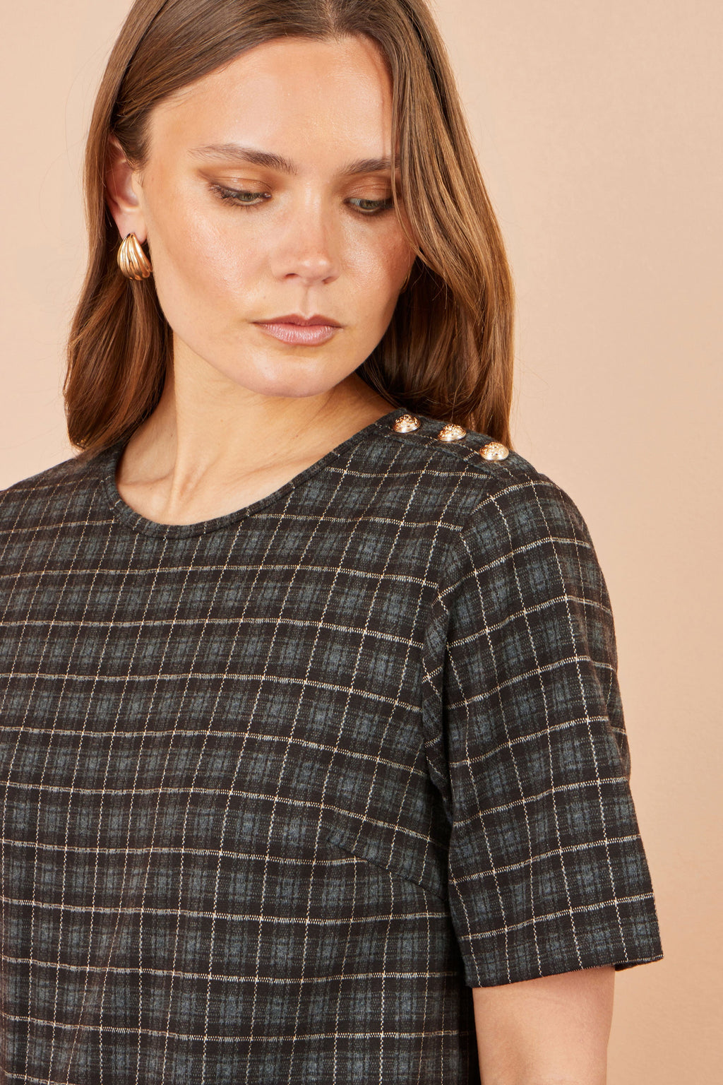 Yumi Brown Check Tunic With Buckles