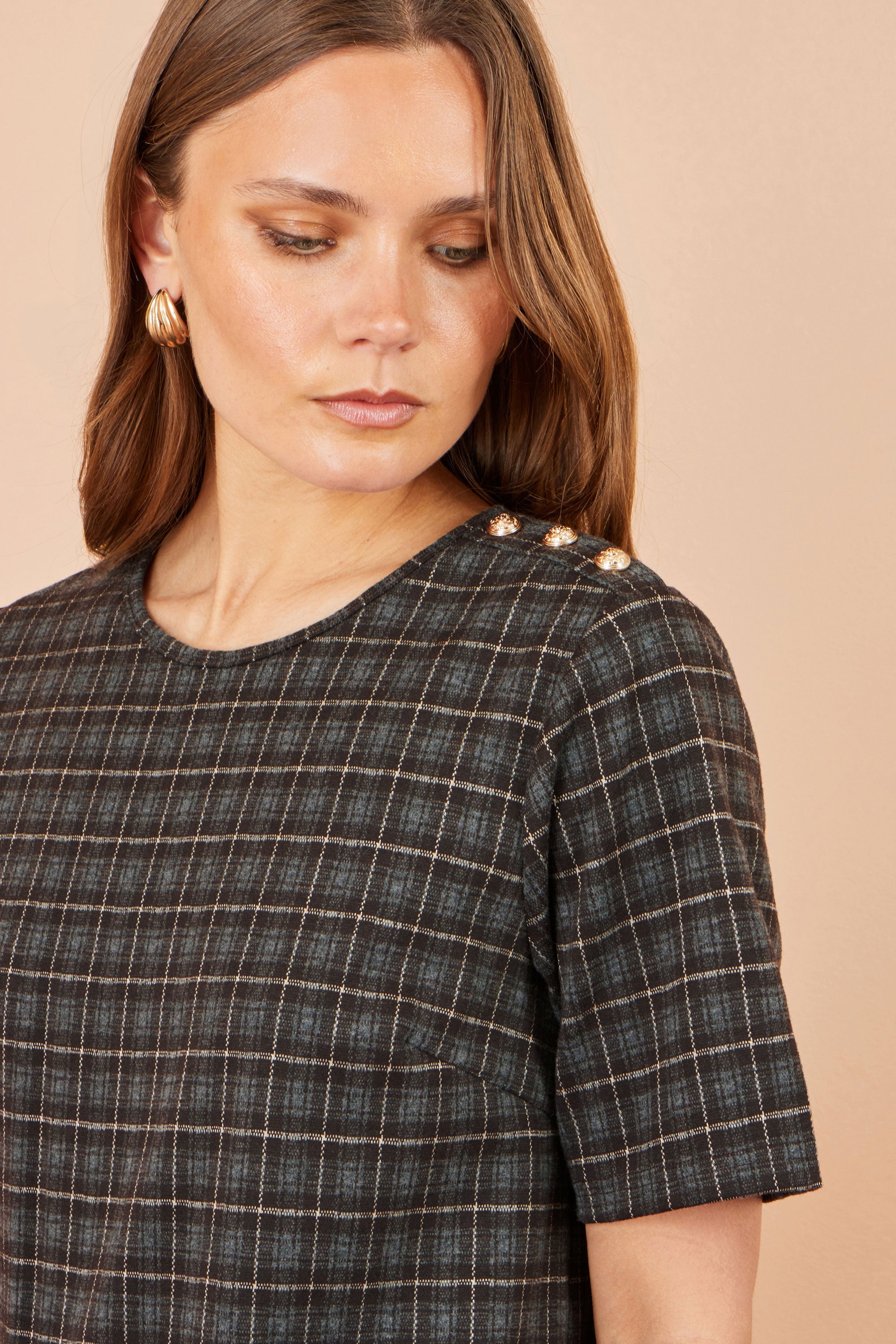 Yumi Brown Check Tunic With Buckles
