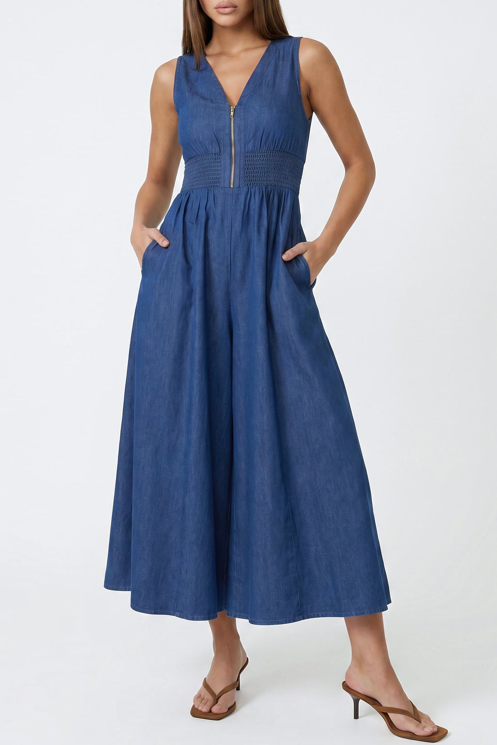 Denim Shirred Cotton Blend Jumpsuit with Pockets