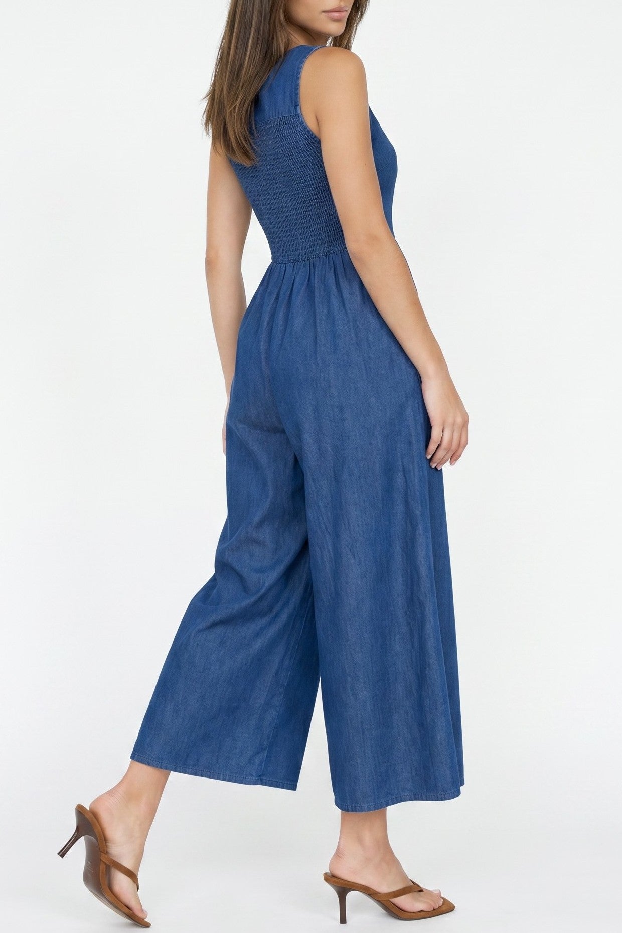 Denim Shirred Cotton Blend Jumpsuit with Pockets
