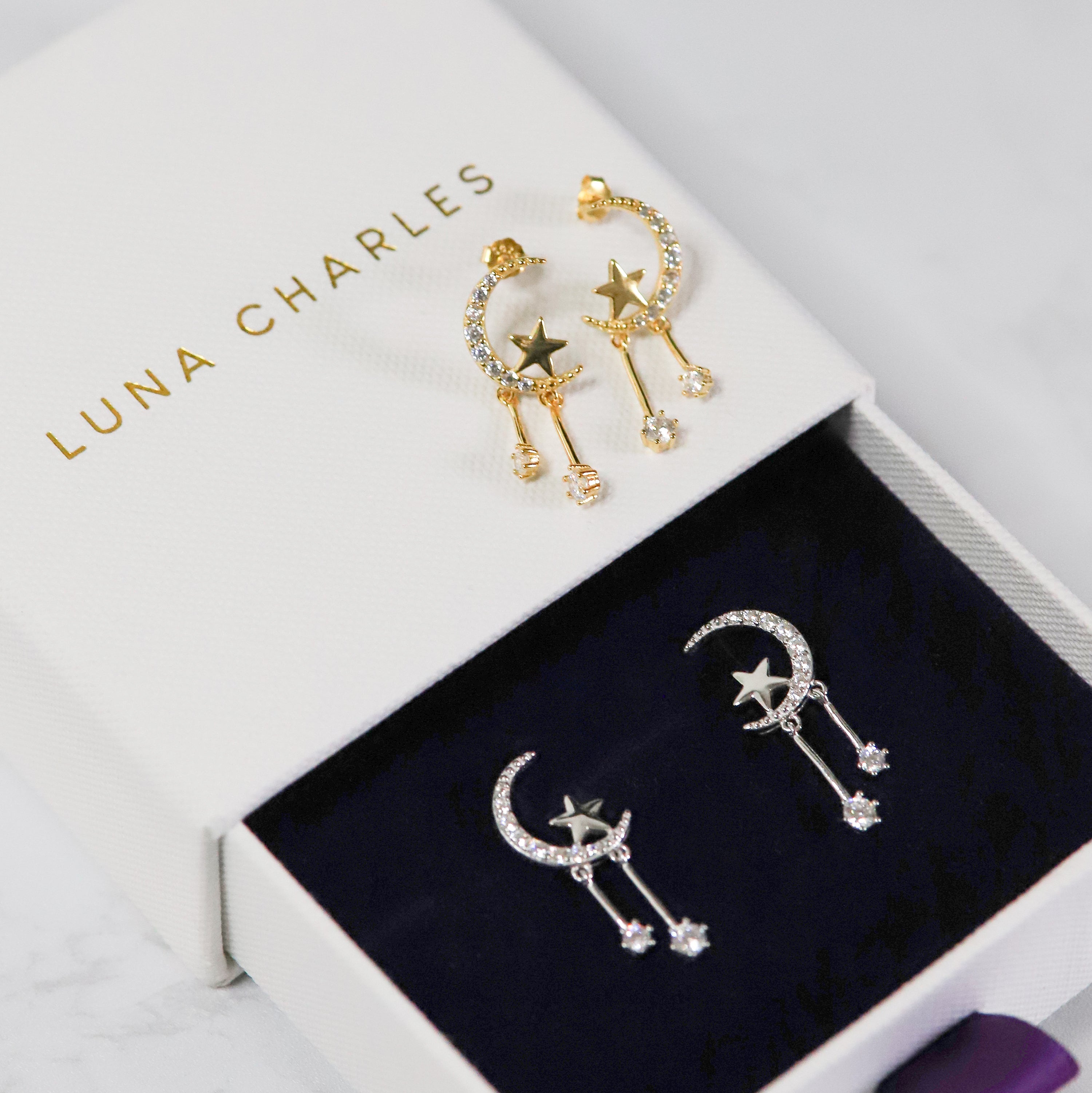 Zoe Moon & Star Drop Earrings | 925 Sterling Silver