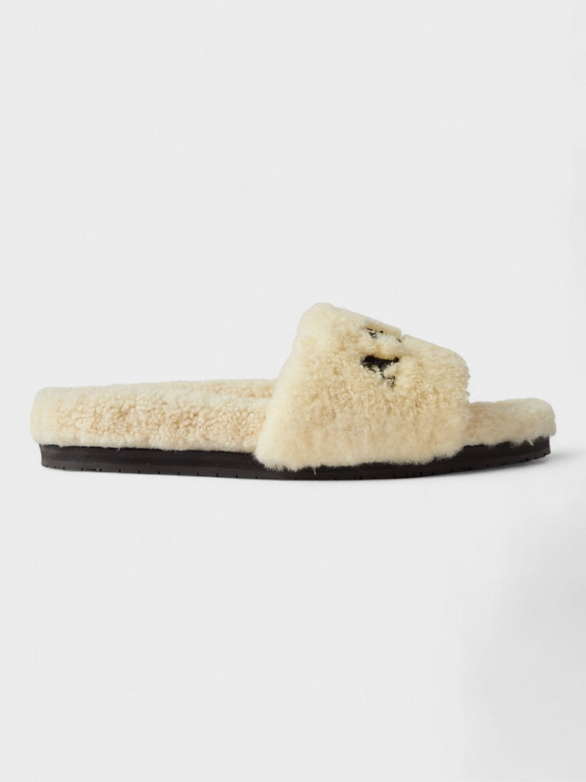 Amiri Shearling Fur Logo Slippers Beige