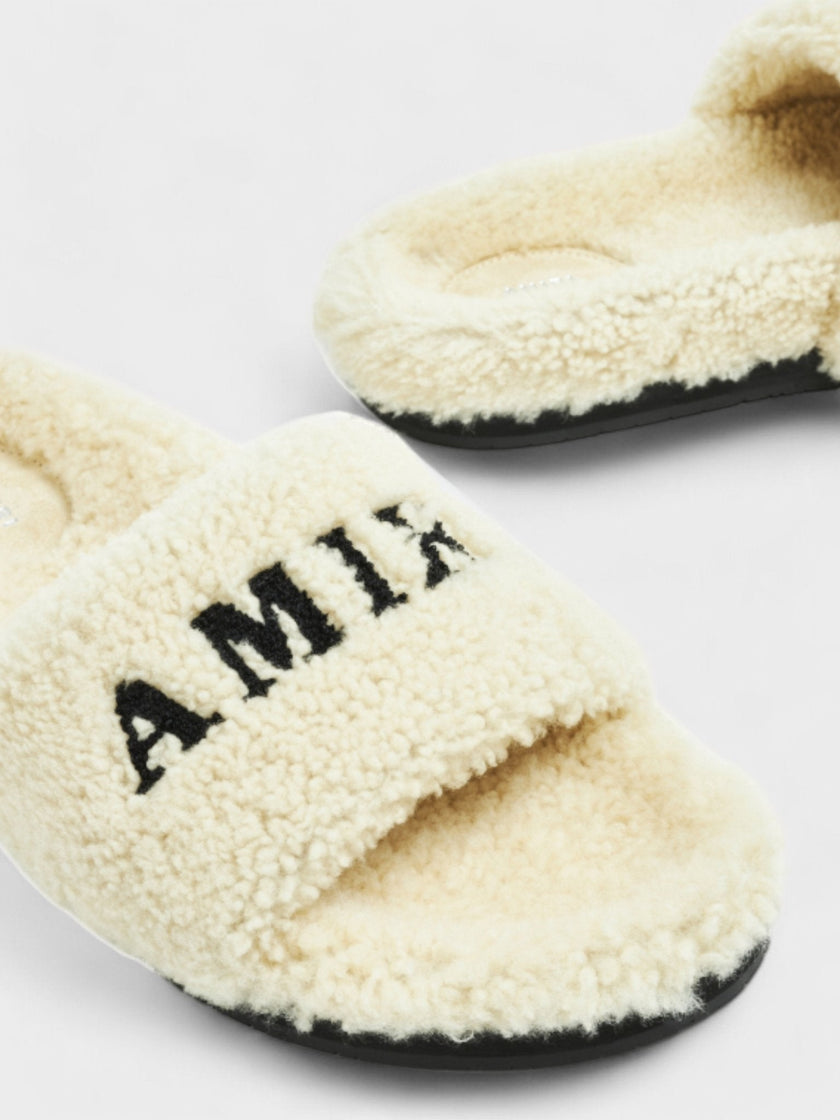 Amiri Shearling Fur Logo Slippers Beige