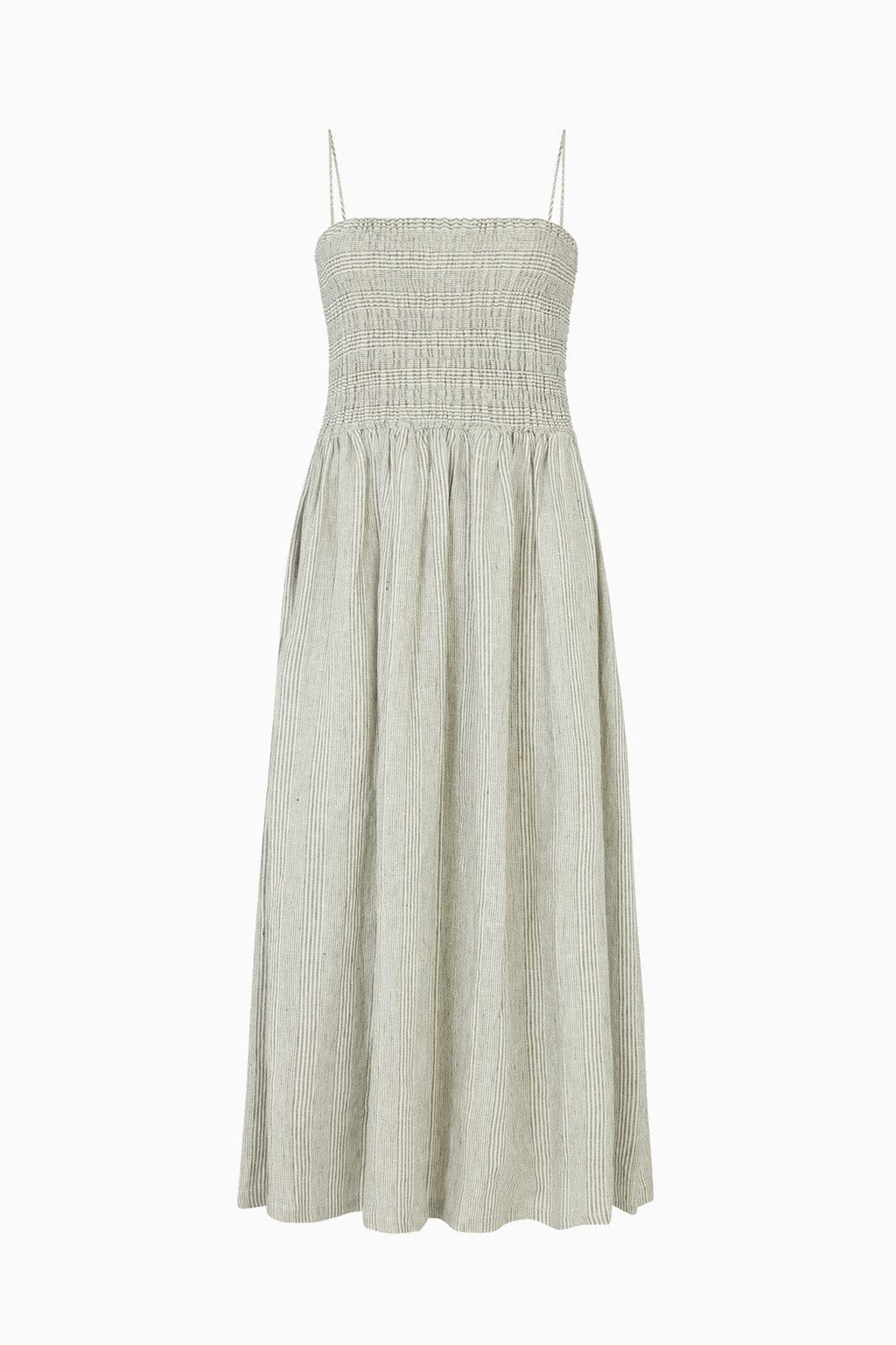 The Harlow Smocked Maxi Dress in striped olive green