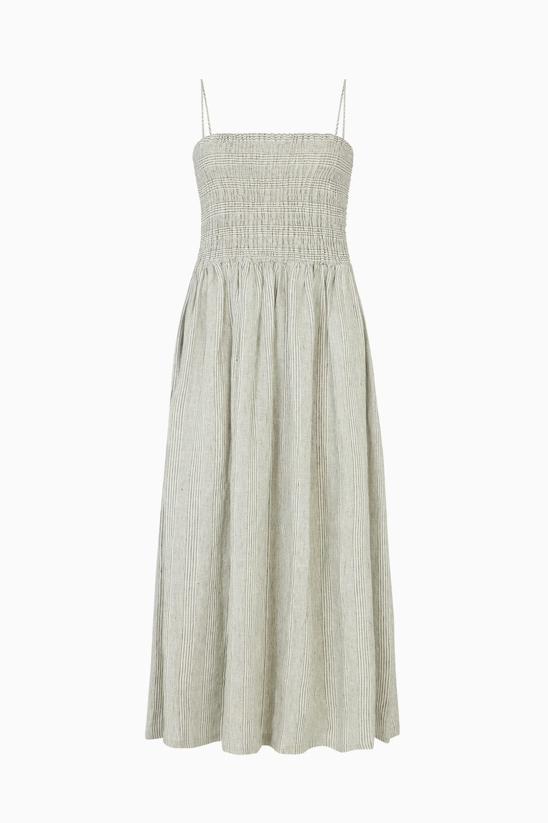 The Harlow Smocked Maxi Dress in striped olive green