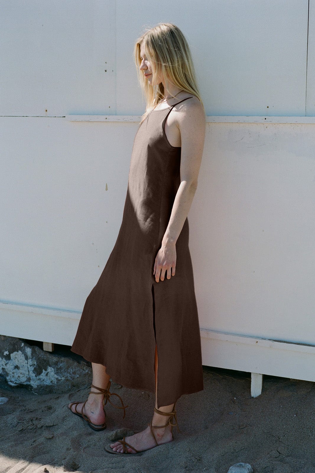 The Trude Linen Slip Dress in chocolate