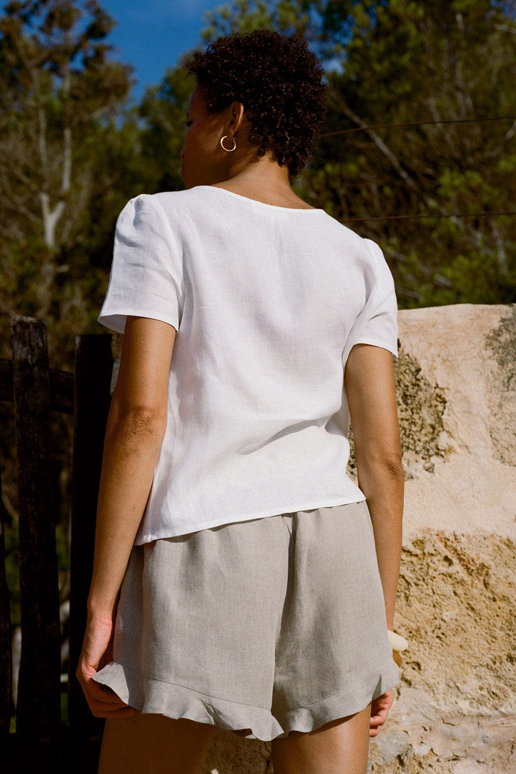 The Paula Ruffled Shorts in oatmeal