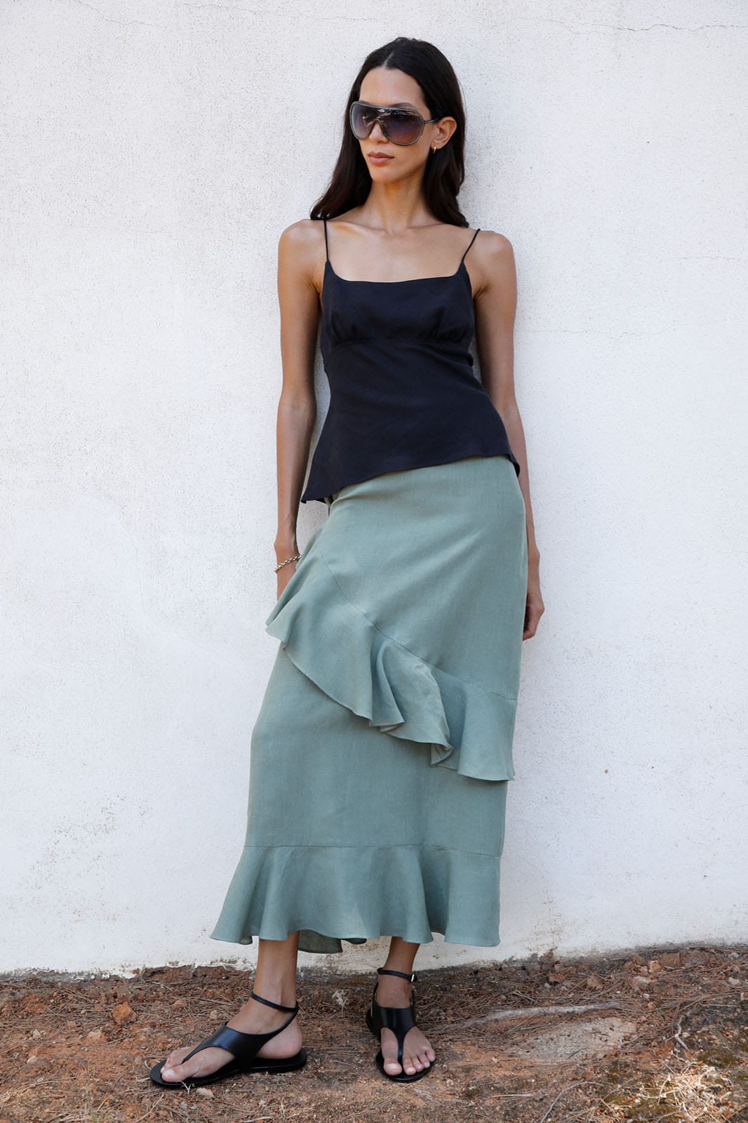 The Carrie Ruffled Maxi Skirt in olive green