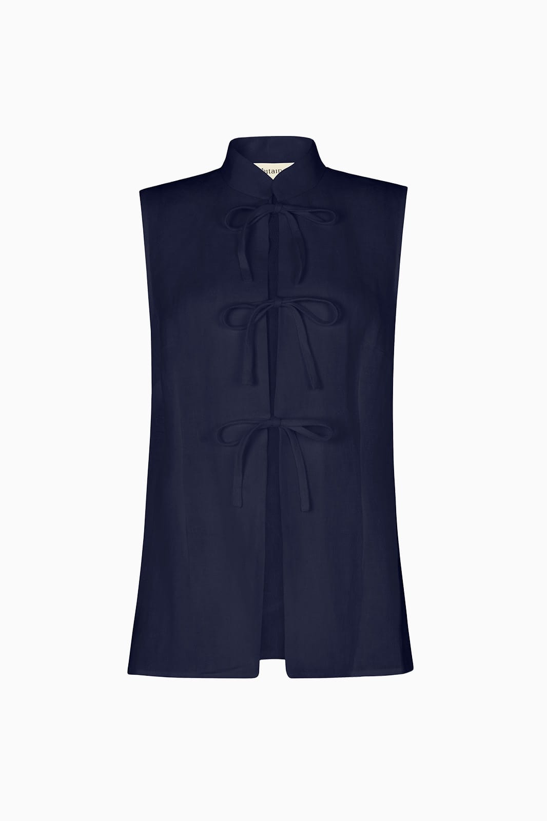 The Alma Stand-Up Collar Tie Vest in navy blue