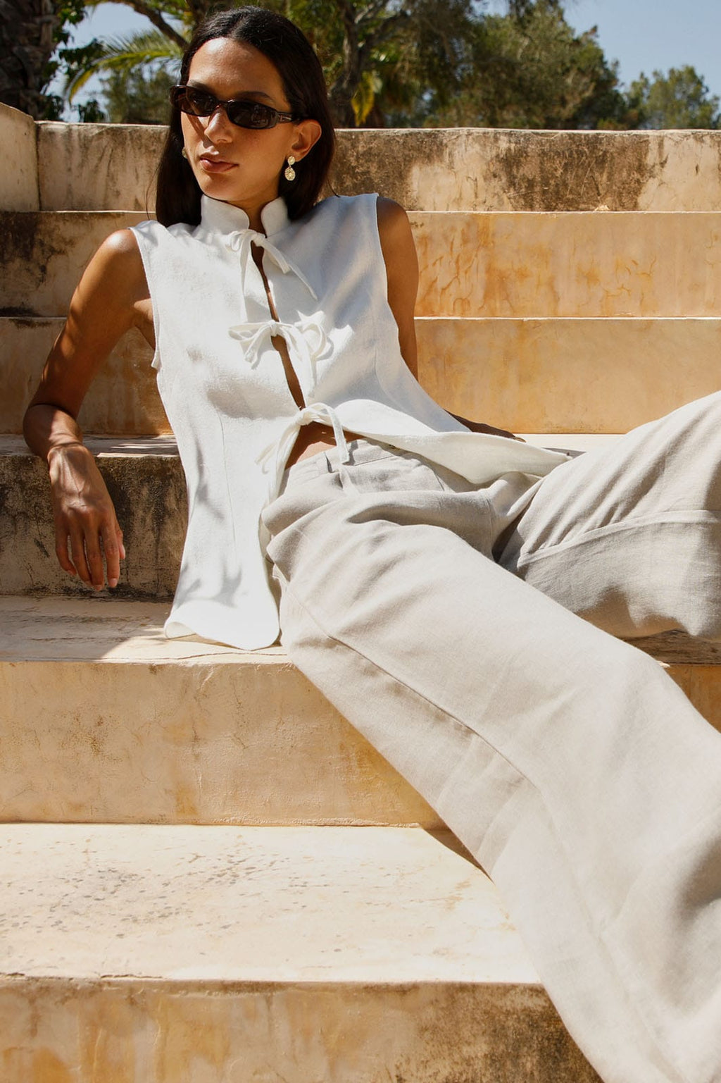 The Willow Wide-Leg Pleated Linen Trousers in oatmeal