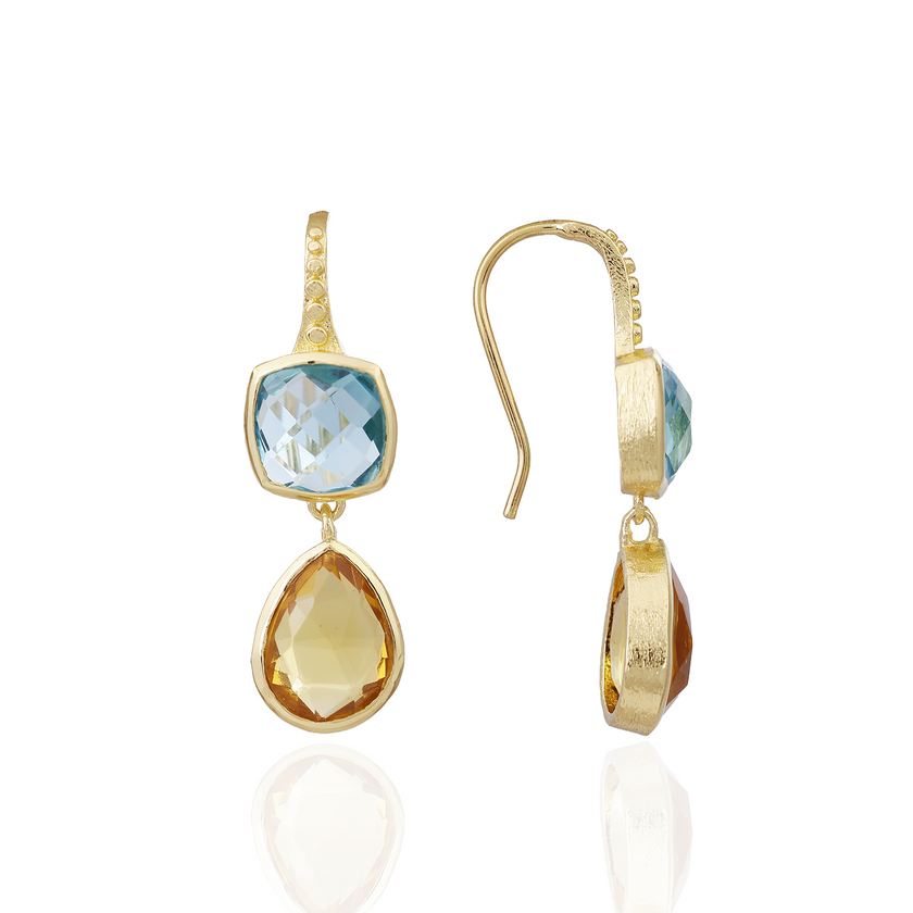 Charis Double Gemstone Earrings Blue Topaz & Citrine