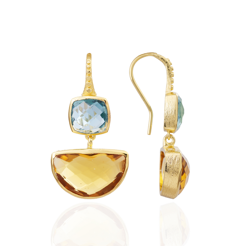 Charis Halfmoon Double Gemstone Earrings Blue Topaz & Citrine