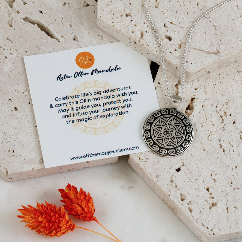 Azteekse Ollin Reis Mandala Gepersonaliseerde Zilveren Ketting