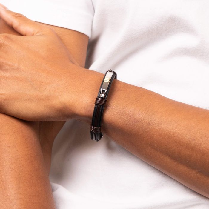 Fred Bennett ID Bar Black Leather Bracelet with Brown Cord Detail