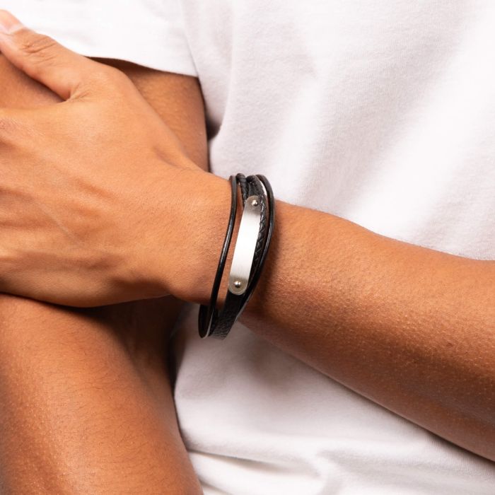 Fred Bennett Multi Strand Woven Black Leather & ID Bar Bracelet