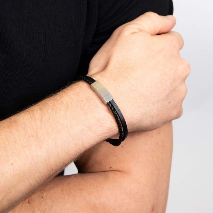 Fred Bennett Double Row Black Leather Bracelet