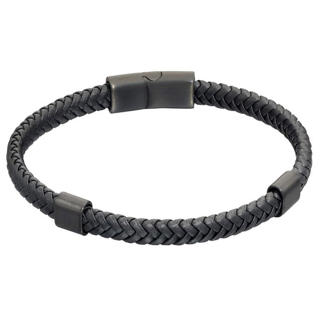 Fred Bennett Plaited Black Leather and Black IP Sections Bracelet