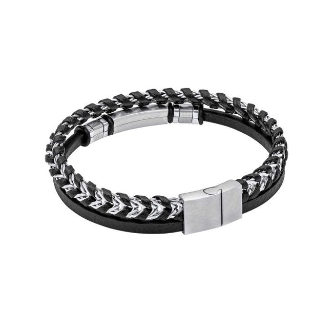 Fred Bennett Black Leather and Stainless Steel ID Bar Bracelet