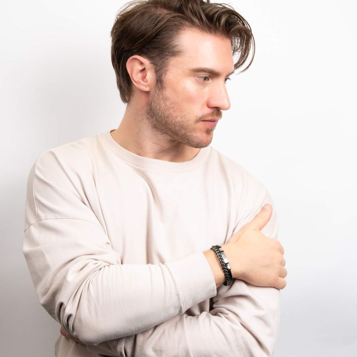 Fred Bennett Black Leather and Stainless Steel ID Bar Bracelet