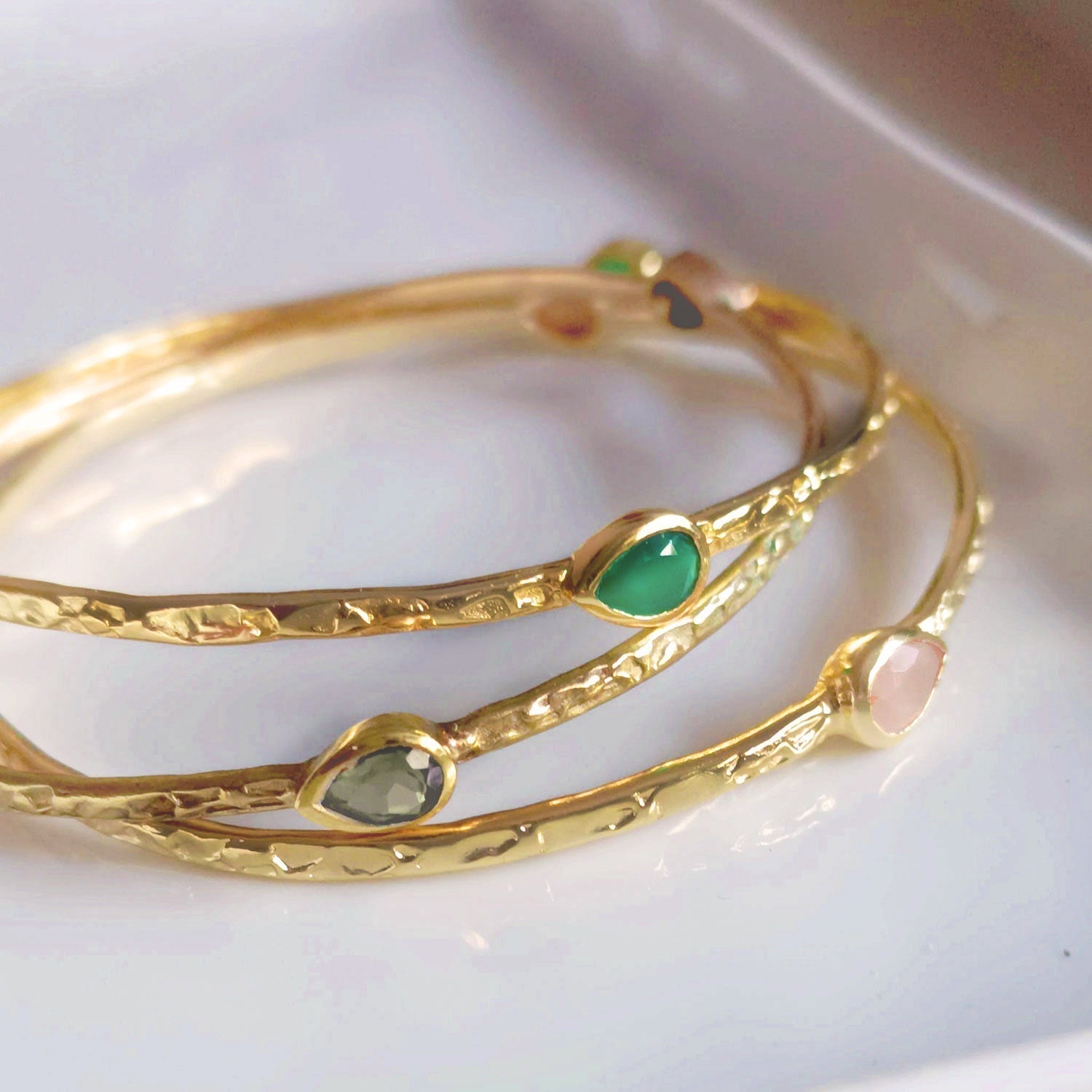 Simi Three Stone Stacking Bangle Green Onyx