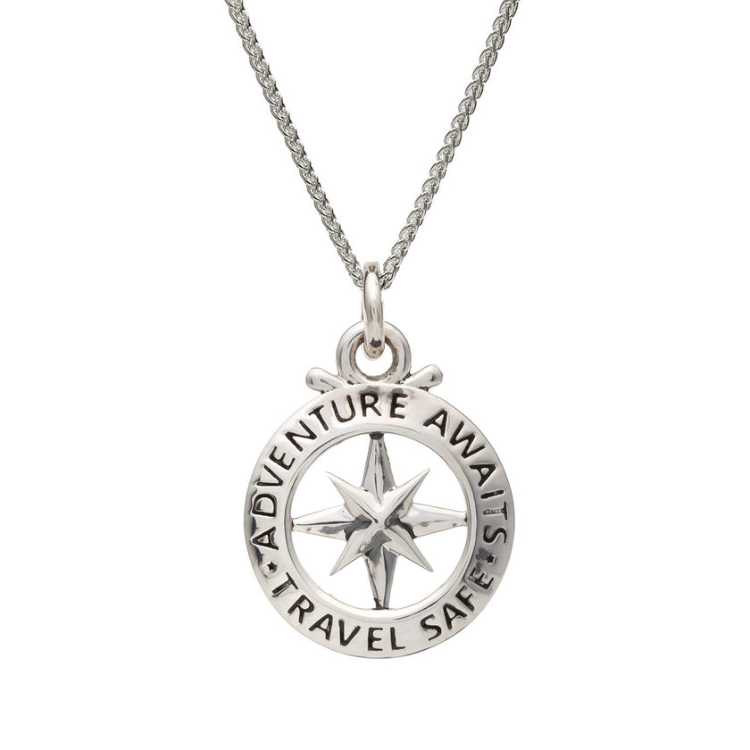 Travel Safe Outline Compass Silver Charm