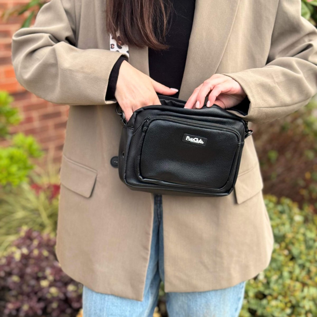 Crossbody Dog Walking Bag - Vegan Leather Black