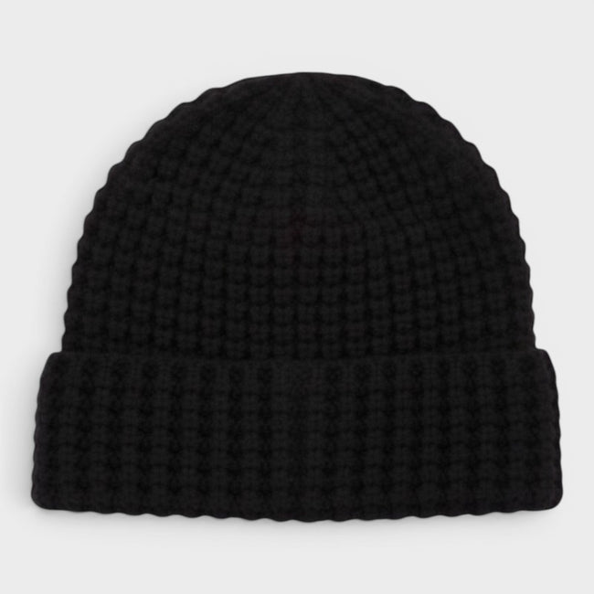 Waffle Knit Beanie Hat Black