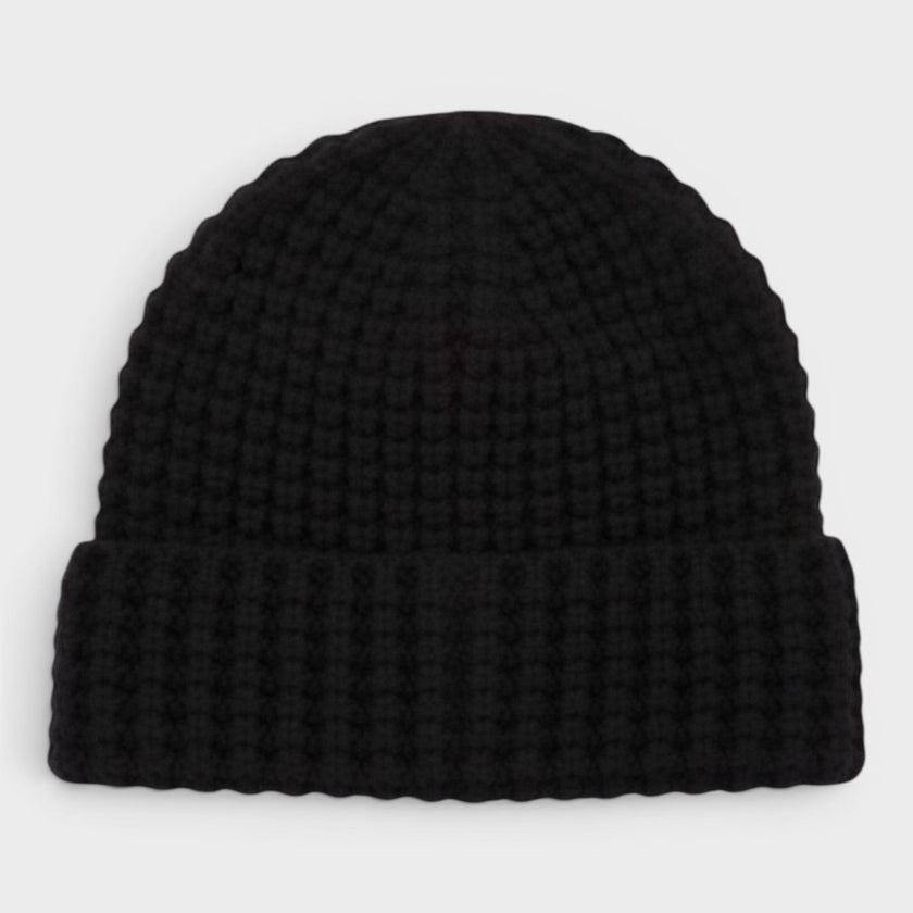 Waffle Knit Beanie Hat Black