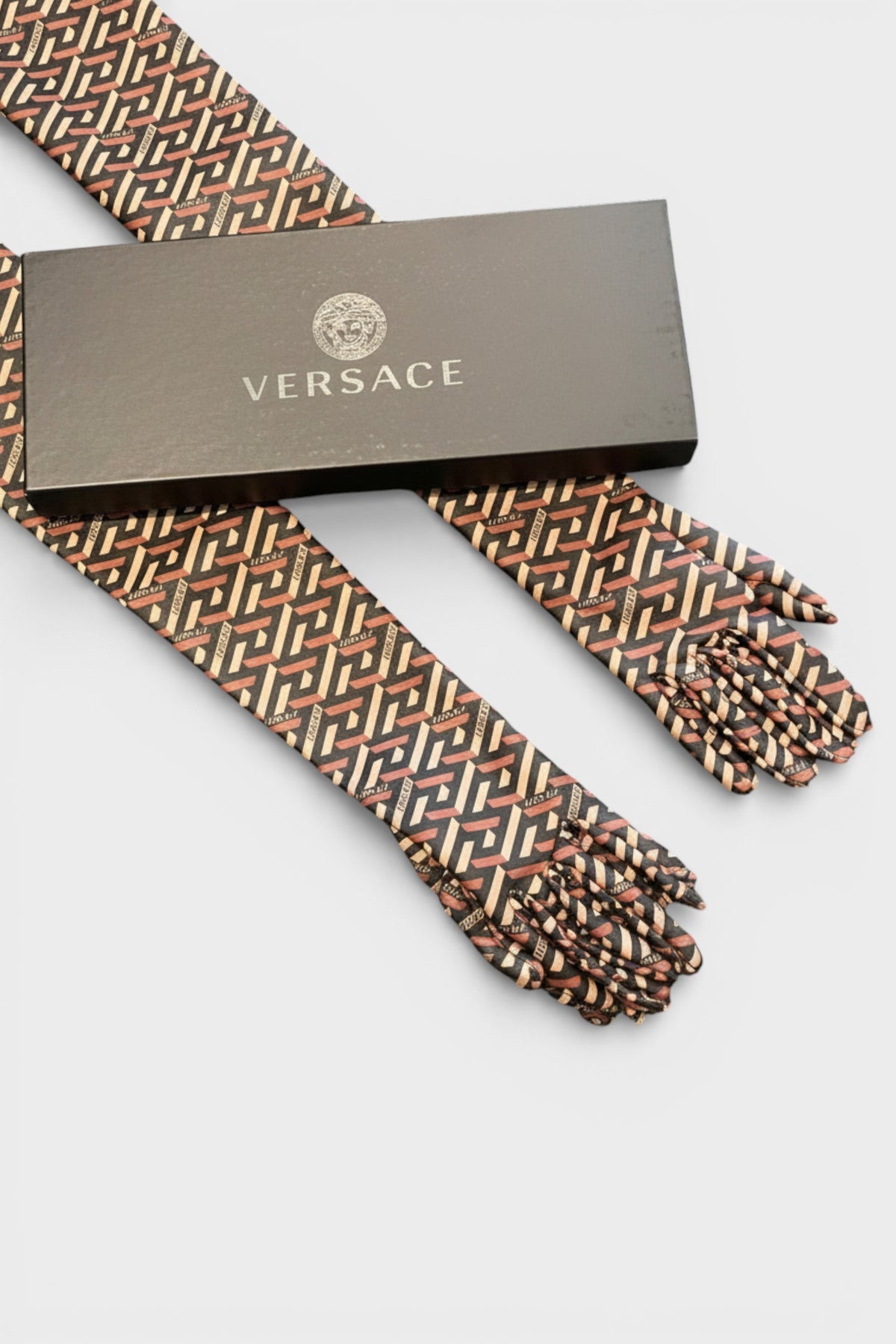 Versace Leather Long Sleeve Opera Glove Monogram Print Black Caramel