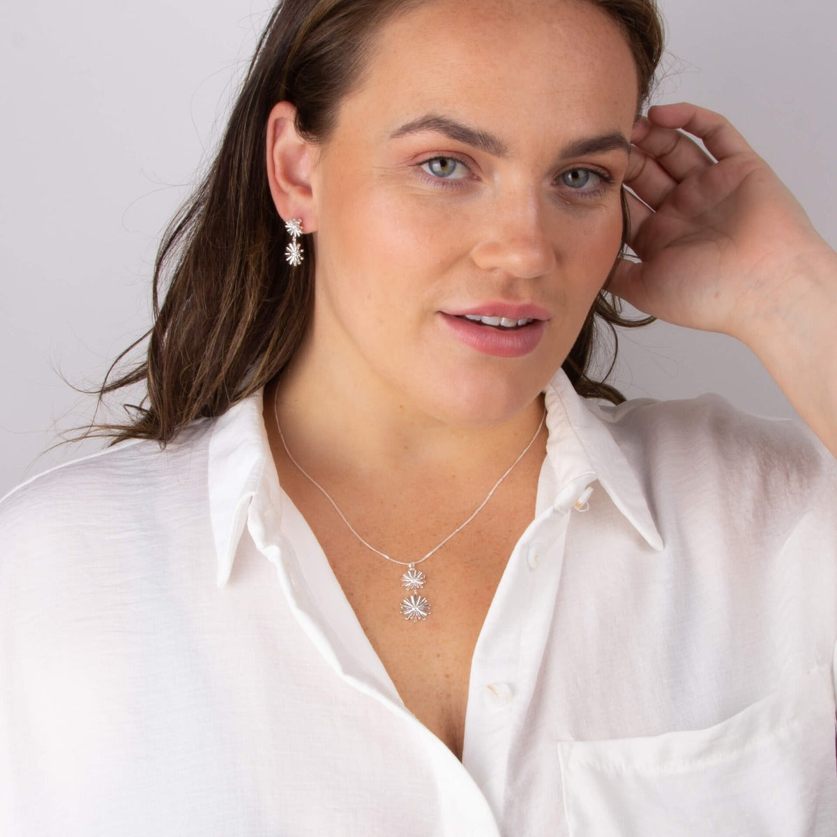 Beginnings Stylised Double Flower Drop Earrings with Cubic Zirconia