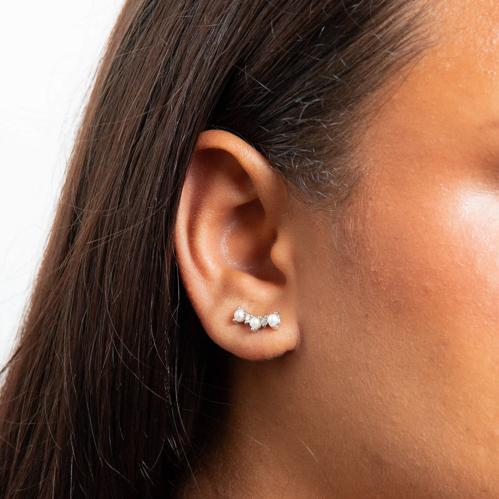 Beginnings Curved Freshwater Pearl and Cubic Zirconia Crawler Earrings