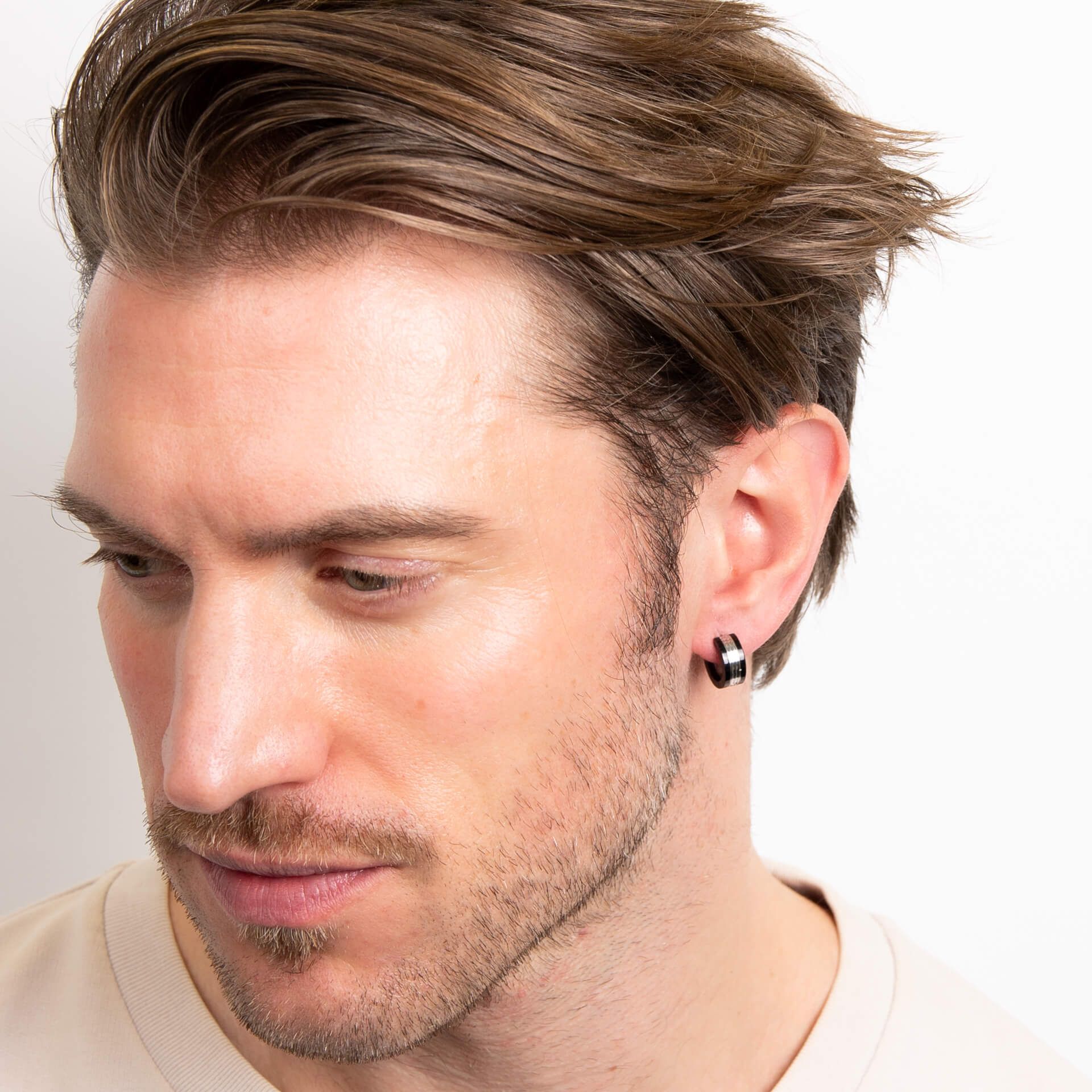 Fred Bennett Stainless Steel and Black Detail Hoop Earrings