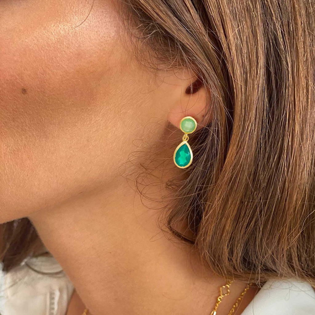 Iris Double Gemstone Drop Earrings with Green Onyx & Prenite