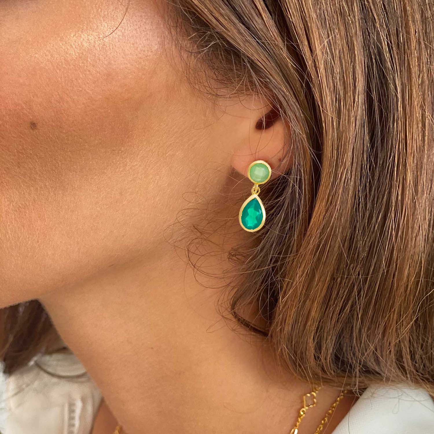 Iris Double Gemstone Drop Earrings with Green Onyx & Prenite