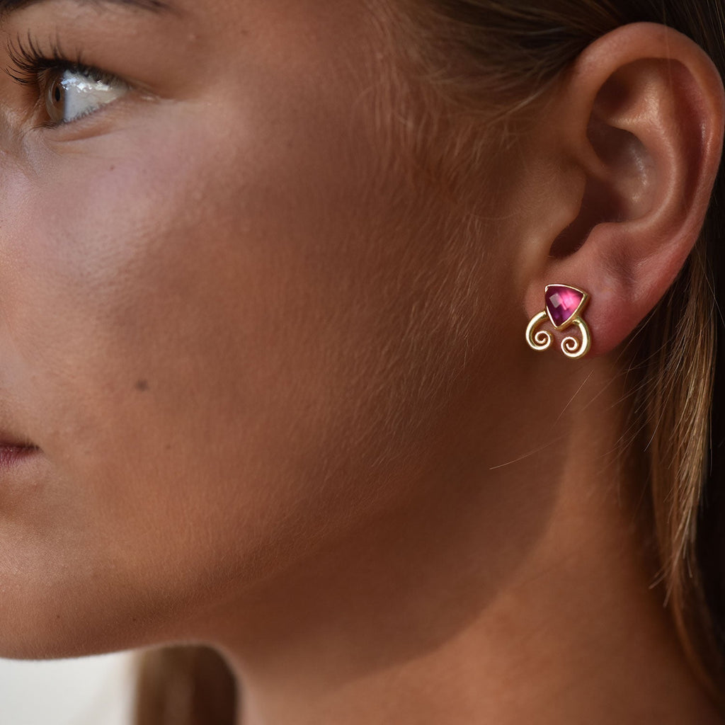 Trillion Doublet and Scroll Studs: Mother of Pearl with Pink Doublets