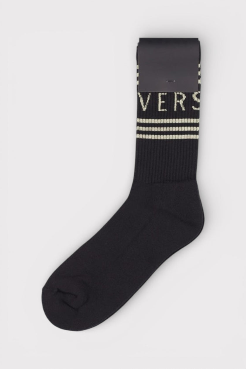 Versace Logo Intarsia Cotton Gold Tinted Crew Socks Black