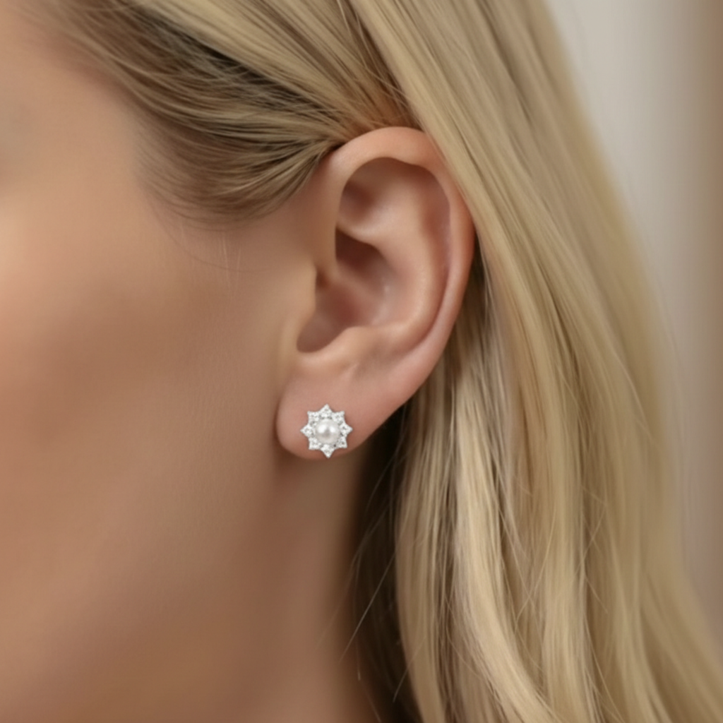 Sterling Silver Pearl & CZ Stud Earrings
