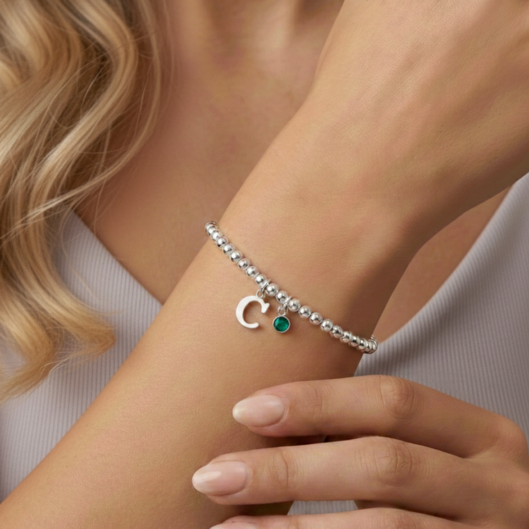 Personalised May Birthday Initial Letter & Birthstone Bracelet