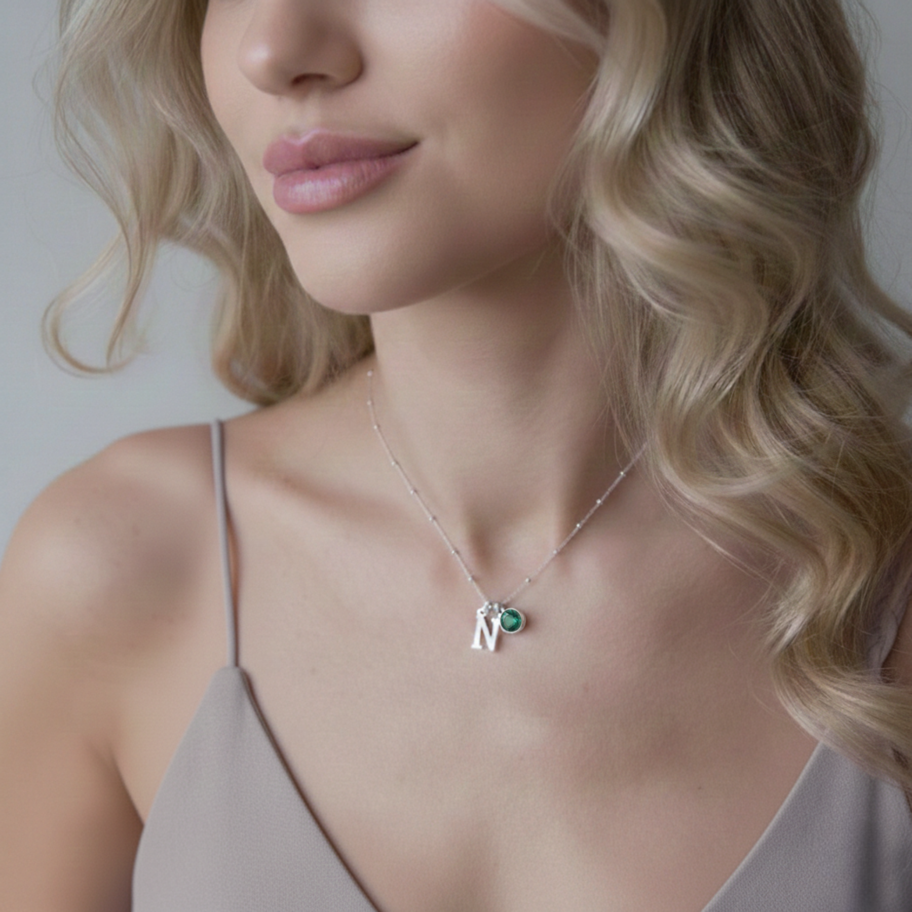 May Birthstone & Initial Charm Necklace